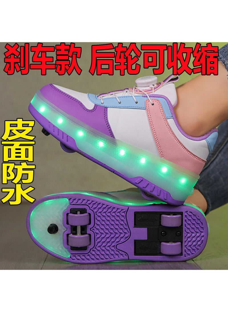 Generic - Childrens Invisible Four-Wheel Roller Skates Womens Kids Walking Shoes Mens Kids Scooters Retractable Single Row Wheel Skates 388 purple [four wheels] rear wheels can be retracted - Image 1