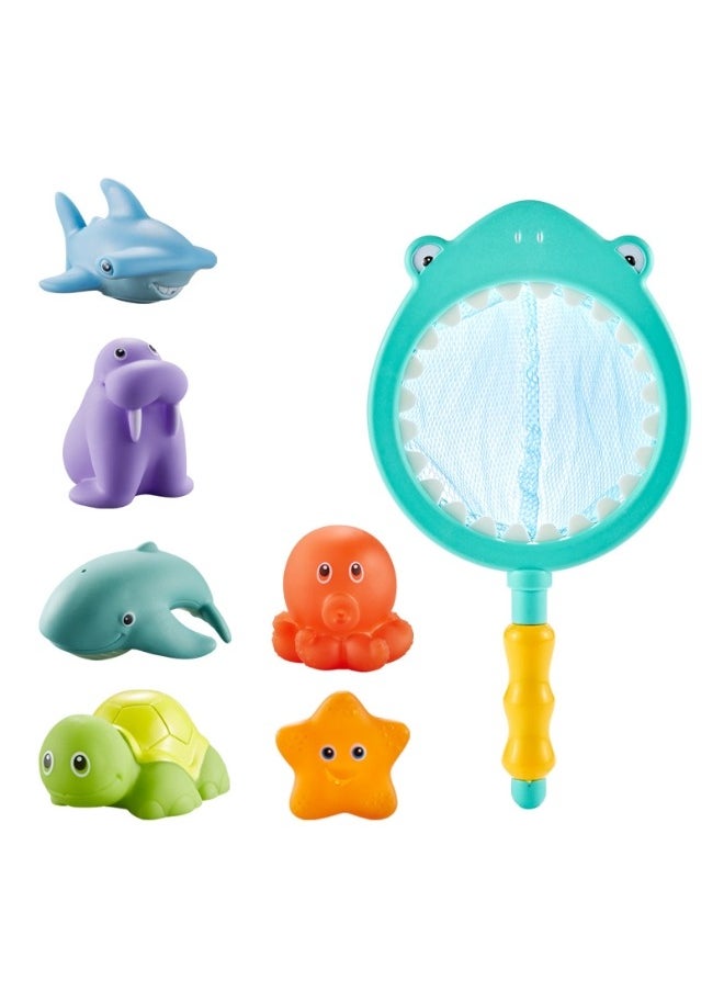 HALAMODO - 7PCS Bath Toy Set with Ocean Animals Bath Squirters & Fishing Net Water Spraying Discoloration Floating Animals Fishing Floating Animals Squirts Toys Bathroom Pool  Accessory Shark Fishing Play Set for Toddlers Kids - Image 1