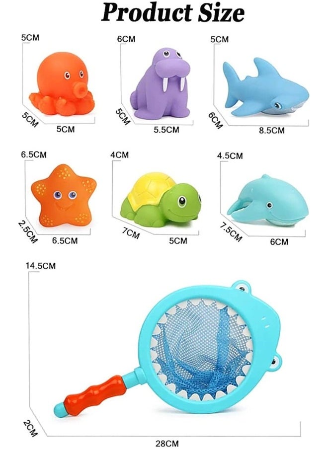 HALAMODO - 7PCS Bath Toy Set with Ocean Animals Bath Squirters & Fishing Net Water Spraying Discoloration Floating Animals Fishing Floating Animals Squirts Toys Bathroom Pool  Accessory Shark Fishing Play Set for Toddlers Kids - Image 1
