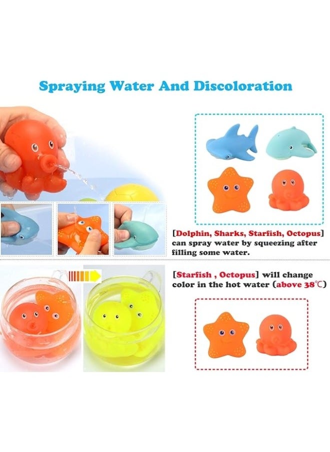 HALAMODO - 7PCS Bath Toy Set with Ocean Animals Bath Squirters & Fishing Net Water Spraying Discoloration Floating Animals Fishing Floating Animals Squirts Toys Bathroom Pool  Accessory Shark Fishing Play Set for Toddlers Kids - Image 1