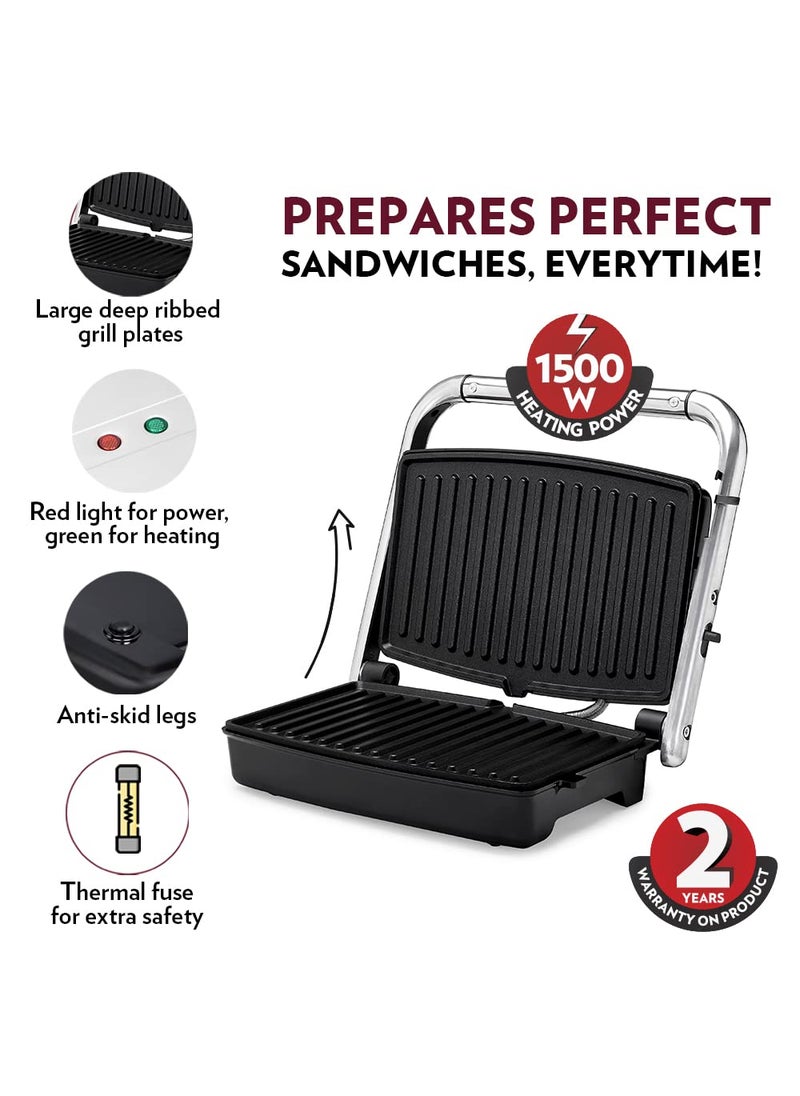 BOROSIL Borosil Jumbo Grill Sandwich Maker 1500W Can Make 4 Sandwich At a Time Power Indicators Non Toxic NonStick Coating Plates Opens to 180 Automatic Temprature Control 2 Year Warranty  - Image 5