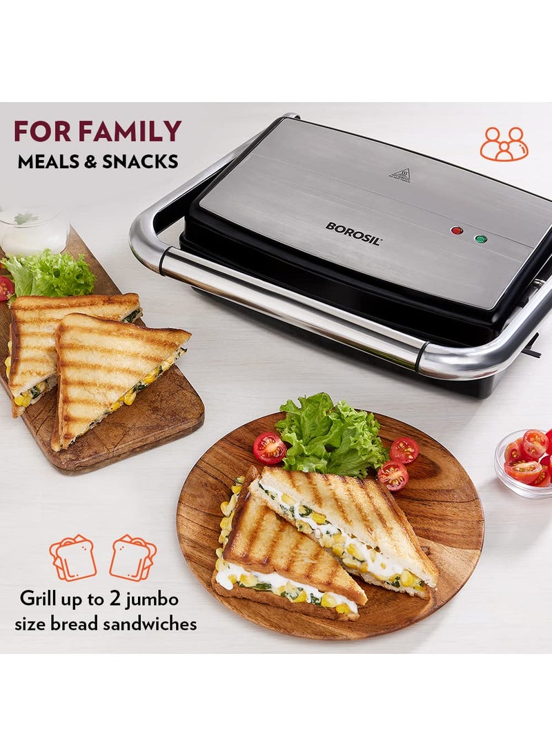 BOROSIL Borosil Jumbo Grill Sandwich Maker 1500W Can Make 4 Sandwich At a Time Power Indicators Non Toxic NonStick Coating Plates Opens to 180 Automatic Temprature Control 2 Year Warranty  - Image 4