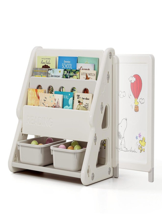 UNICOO Toddler 3 in 1 Art Board Compact Bookshelf and Organizer, 2-Tier Bookshelves with Storage Rack & Bins, Retractable Drawing Board, Lightweight & Mini for Kids Playroom, Study Room (Gray & White) - Image 1