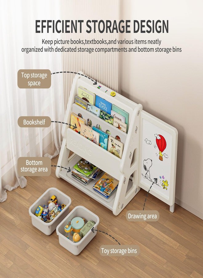 UNICOO Toddler 3 in 1 Art Board Compact Bookshelf and Organizer, 2-Tier Bookshelves with Storage Rack & Bins, Retractable Drawing Board, Lightweight & Mini for Kids Playroom, Study Room (Gray & White) - Image 5