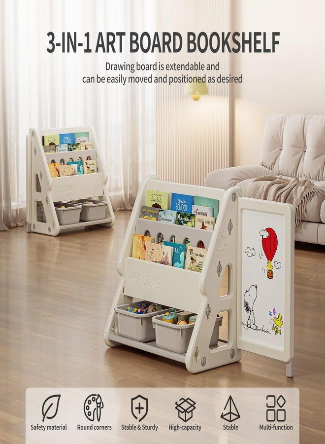 UNICOO Toddler 3 in 1 Art Board Compact Bookshelf and Organizer, 2-Tier Bookshelves with Storage Rack & Bins, Retractable Drawing Board, Lightweight & Mini for Kids Playroom, Study Room (Gray & White) - Image 2