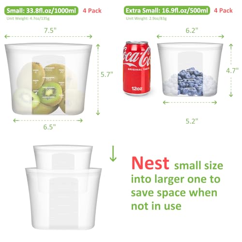 Annaklin Reusable Sandwich & Snack Bags, 8 Pack 100% Silicone Stand Up Zip Lock Food Storage Bags for Food Container, Freezer Microwave Oven Dishwasher Safe, 4 Small 4 Extra Small, Translucent - Image 3