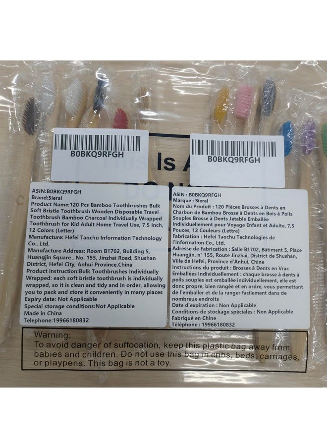 Sieral 120 Pcs Bamboo Toothbrushes Bulk Soft Bristle Toothbrush Wooden Disposable Travel Toothbrush Bamboo Charcoal Individually Wrapped Toothbrush for Kid Adult Home Travel Use, 7.5 Inch, 12 Colors (Letter)  - Image 3