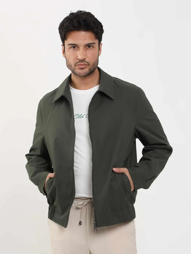 Dufy Khaki Men's Regular Fit Plain Classic Collar Bomber Coat - 104389