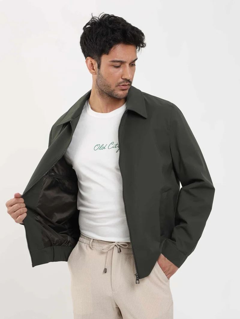 Dufy Khaki Men's Regular Fit Plain Classic Collar Bomber Coat - 104389