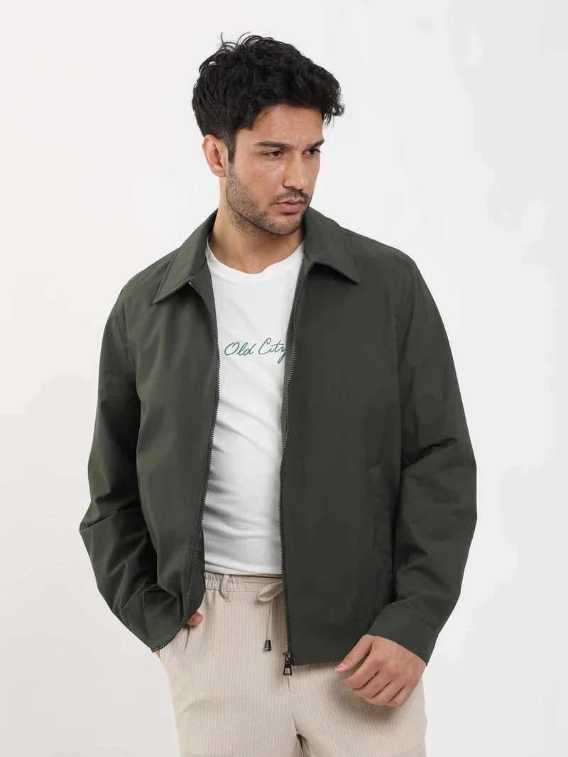 Dufy Khaki Men's Regular Fit Plain Classic Collar Bomber Coat - 104389