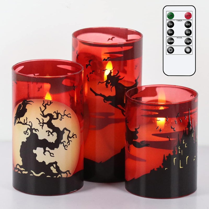Eldnacele Halloween Flickering Candles with Witch, Crow Raven, Castle Decals, Red Glass Battery Operated Flameless LED Candles with Remote, Real Wax Candle Set of 3 Halloween Decorations - Image 1