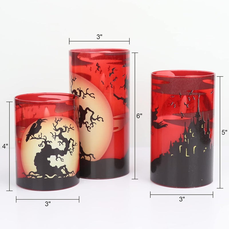 Eldnacele Halloween Flickering Candles with Witch, Crow Raven, Castle Decals, Red Glass Battery Operated Flameless LED Candles with Remote, Real Wax Candle Set of 3 Halloween Decorations - Image 2