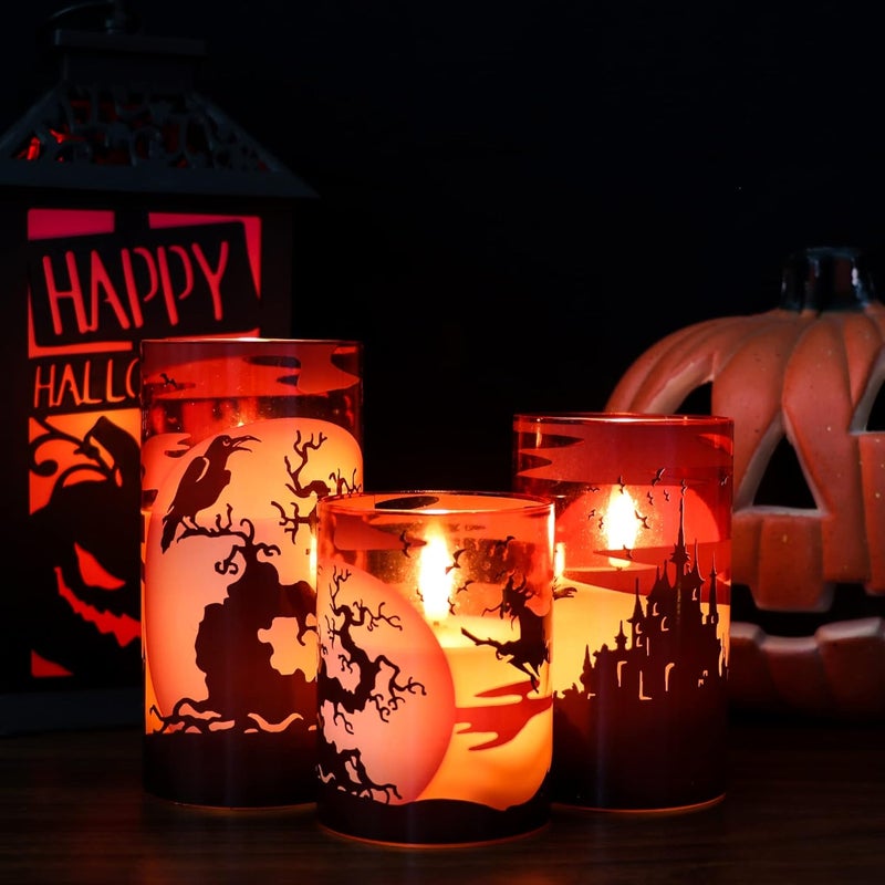 Eldnacele Halloween Flickering Candles with Witch, Crow Raven, Castle Decals, Red Glass Battery Operated Flameless LED Candles with Remote, Real Wax Candle Set of 3 Halloween Decorations - Image 4