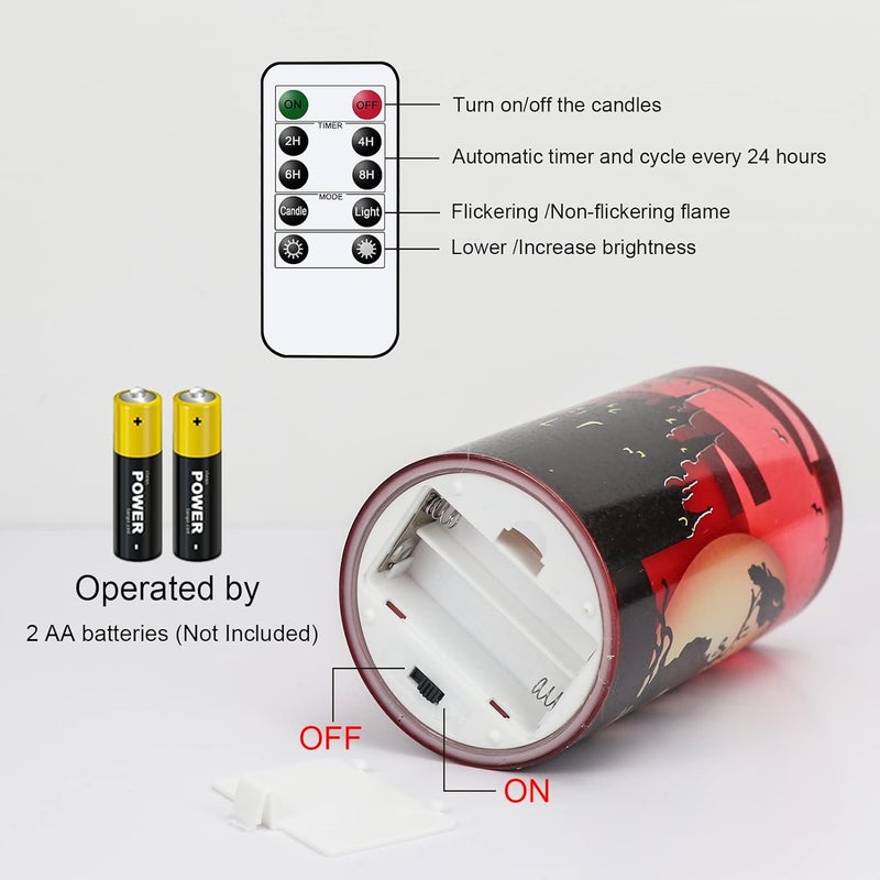 Eldnacele Halloween Flickering Candles with Witch, Crow Raven, Castle Decals, Red Glass Battery Operated Flameless LED Candles with Remote, Real Wax Candle Set of 3 Halloween Decorations - Image 3