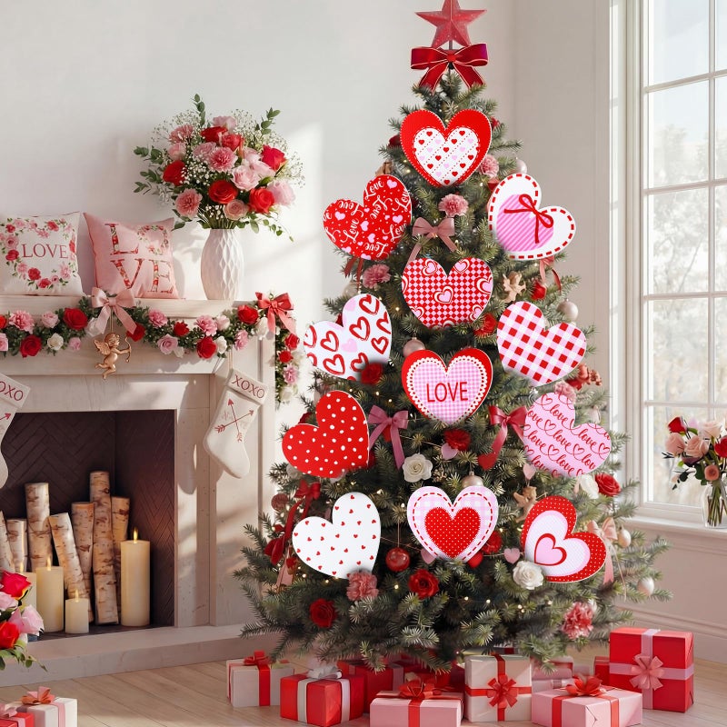 Vertintong 12 Pcs Valentines Day Decorations Tree Picks Ornaments Large Red Pink White Heart San Valentine Decorations Cute Heart Picks Ornaments for Valentine's Day Tree Topper Home Wedding Decor - Image 2