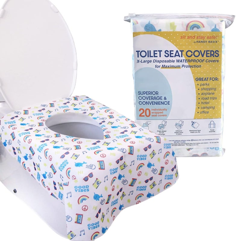 Handy Basix XL Full Coverage Disposable Toilet Seat Covers for Kids, Adults & Potty Training, Waterproof, 20 Pcs - Single Wrapped (Good Vibes) - Image 1