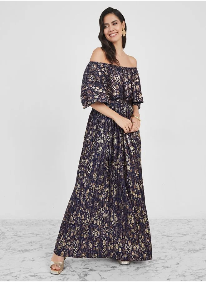 Styli Off Shoulder Floral Gold Foil Print Maxi Dress