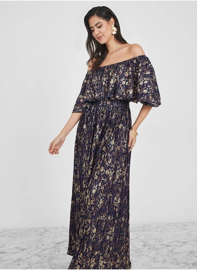 Styli Off Shoulder Floral Gold Foil Print Maxi Dress