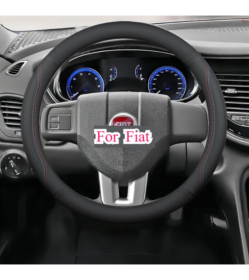 Red And Blue Lines Perforated Breathable Faux Leather Round Steering Wheel Cover - Image 3