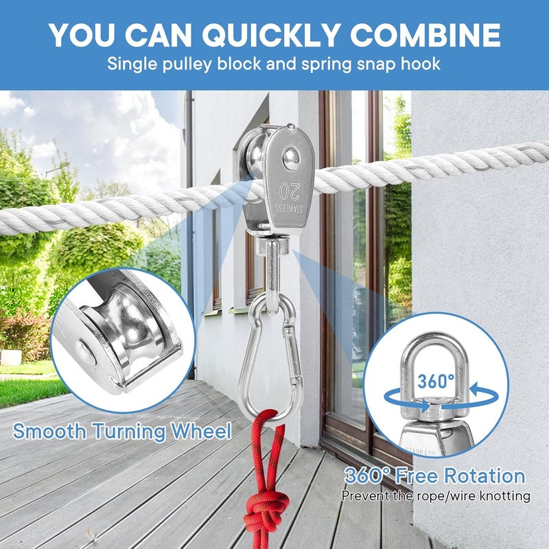Cadbibe 10Pcs 304 Stainless Steel M20 Single Pulley Block, Wire Rope Hanging Wire Towing Wheel, with 10Pcs Spring Snap Hook - Image 2