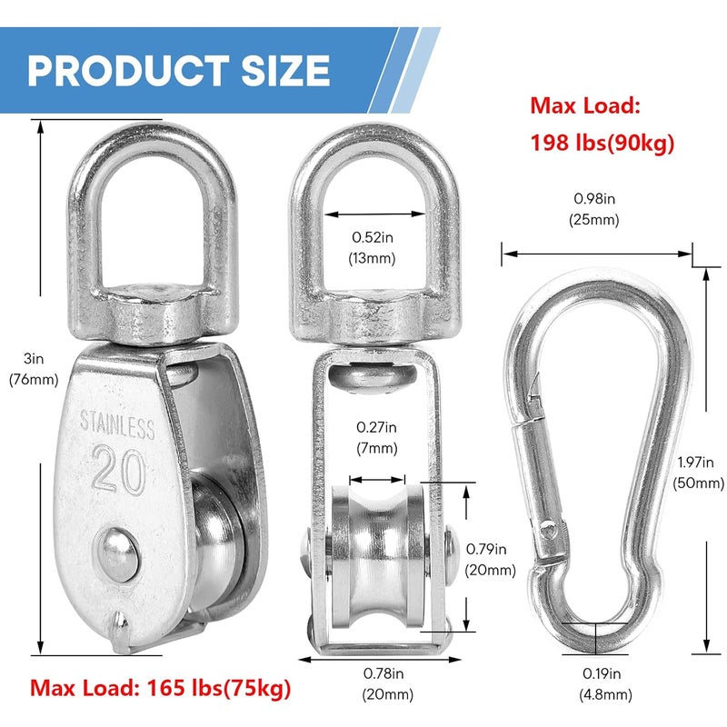 Cadbibe 10Pcs 304 Stainless Steel M20 Single Pulley Block, Wire Rope Hanging Wire Towing Wheel, with 10Pcs Spring Snap Hook - Image 4