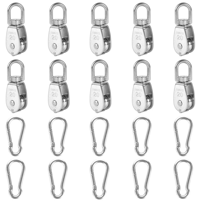 Cadbibe 10Pcs 304 Stainless Steel M20 Single Pulley Block, Wire Rope Hanging Wire Towing Wheel, with 10Pcs Spring Snap Hook - Image 1