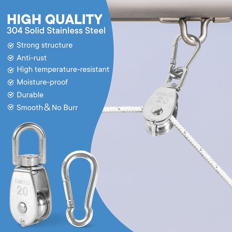 Cadbibe 10Pcs 304 Stainless Steel M20 Single Pulley Block, Wire Rope Hanging Wire Towing Wheel, with 10Pcs Spring Snap Hook - Image 3