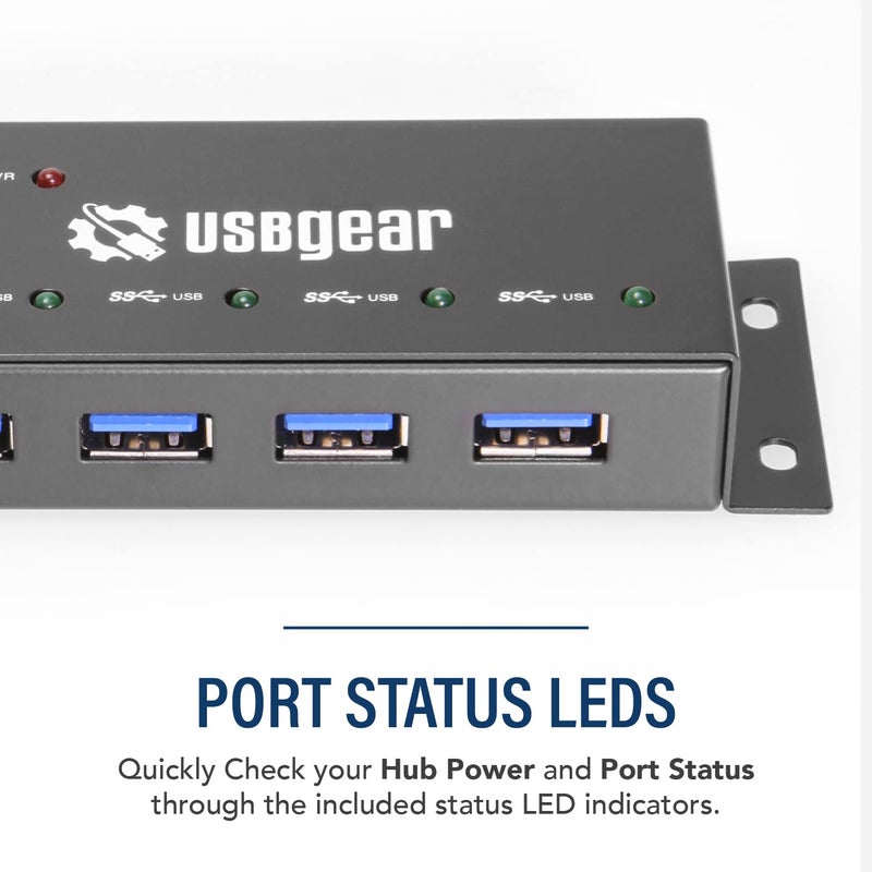USBGear Compact 4-Port USB 3.2 Gen 1 Mini High-Power Hub w/Power Adapter, Port Status LEDs, 5 Gbps Data, Surface Mountable - Image 3