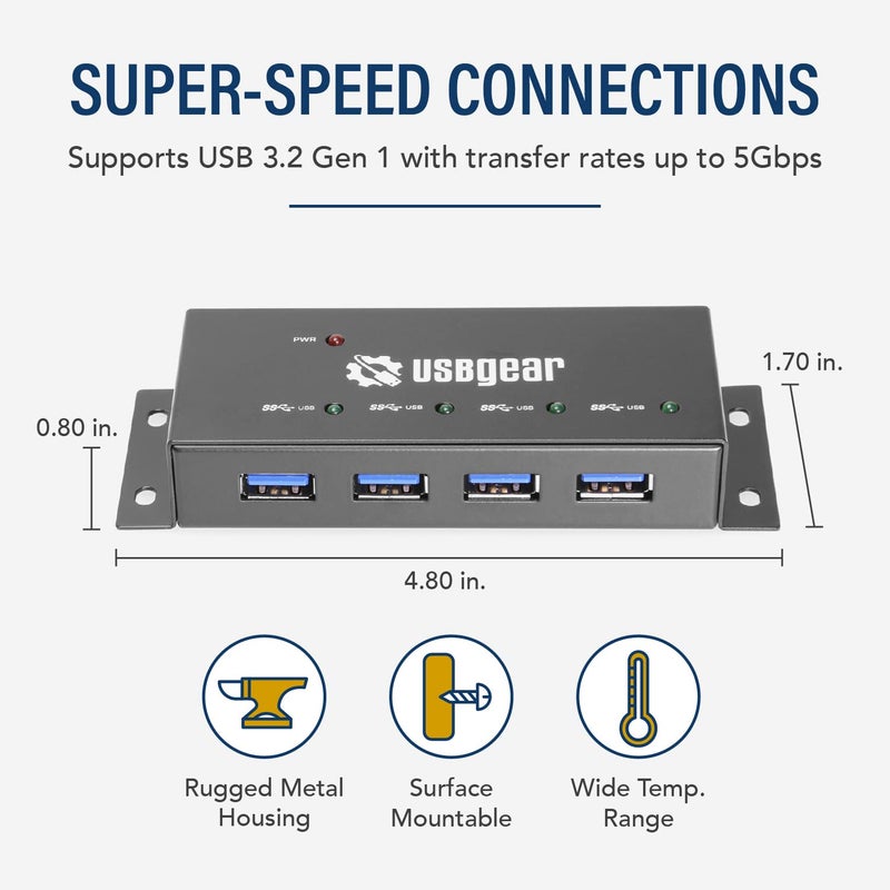USBGear Compact 4-Port USB 3.2 Gen 1 Mini High-Power Hub w/Power Adapter, Port Status LEDs, 5 Gbps Data, Surface Mountable - Image 2