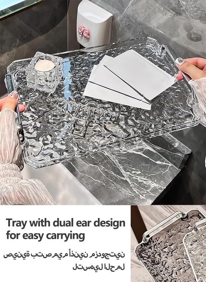 Arabest 2 PCS Serving Tray, With Silver Polished Metal Handles, Serving Plate, Wavy Pattern Clear Tray, Spill-Proof Tray, Decorative Serving Tray for Coffee Table, Tea, Storage Rectangular, Living Room, Bedroom - Image 2