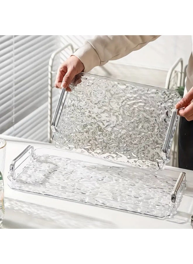 Arabest 2 PCS Serving Tray, With Silver Polished Metal Handles, Serving Plate, Wavy Pattern Clear Tray, Spill-Proof Tray, Decorative Serving Tray for Coffee Table, Tea, Storage Rectangular, Living Room, Bedroom - Image 1