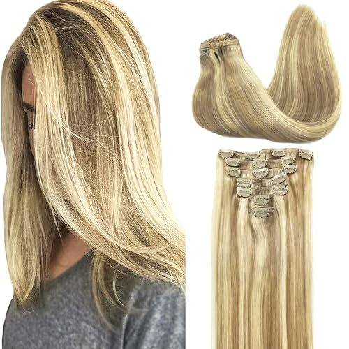 Googoo GOO GOO Clip in Hair Extensions Real Human Hair, Remy Human Hair Extensions Clip ins for Women, Natural Human Hair, 14inch 120g 7Pcs, 16/22 Light Blonde Highlighted Golden Blonde - Image 1