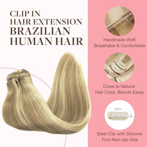 Googoo GOO GOO Clip in Hair Extensions Real Human Hair, Remy Human Hair Extensions Clip ins for Women, Natural Human Hair, 14inch 120g 7Pcs, 16/22 Light Blonde Highlighted Golden Blonde - Image 3