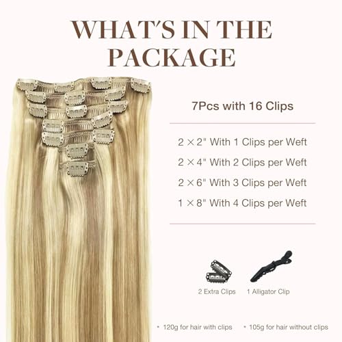 Googoo GOO GOO Clip in Hair Extensions Real Human Hair, Remy Human Hair Extensions Clip ins for Women, Natural Human Hair, 14inch 120g 7Pcs, 16/22 Light Blonde Highlighted Golden Blonde - Image 2