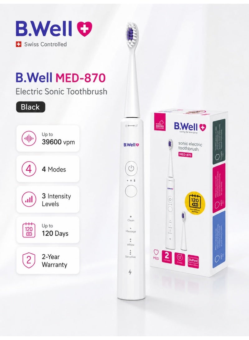 B.Well MED-870 White Electric Sonic Toothbrush with 2 Brush Heads, USB Cable & Travel Bag - Image 3