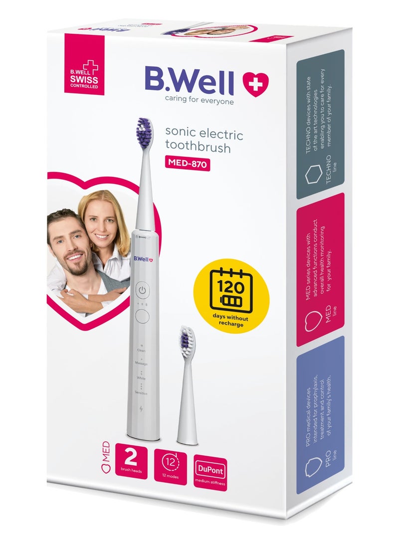 B.Well MED-870 White Electric Sonic Toothbrush with 2 Brush Heads, USB Cable & Travel Bag - Image 2