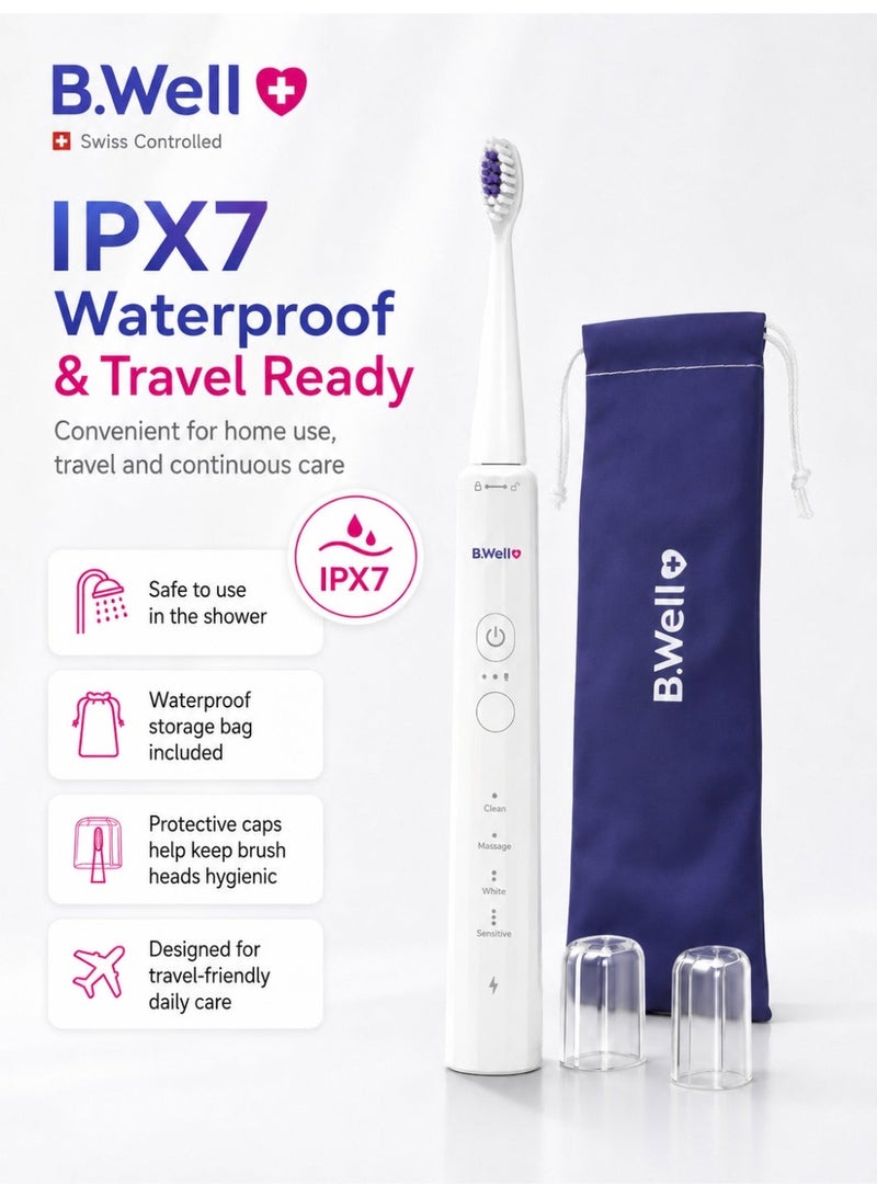 B.Well MED-870 White Electric Sonic Toothbrush with 2 Brush Heads, USB Cable & Travel Bag - Image 4