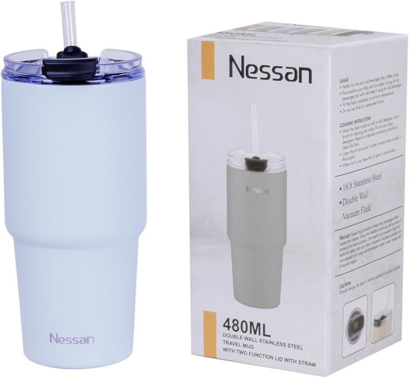 Nessan Double Wall Stainless Steel Vacuum Insulated Travel Mug Tumbler with Dual Function Lid and Straw for Water, Iced Tea or Hot Coffee, Smoothie and More (Blue, 480ml) - Image 3