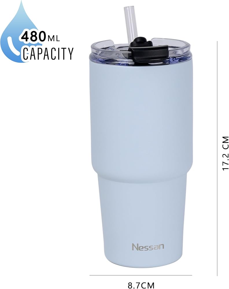 Nessan Double Wall Stainless Steel Vacuum Insulated Travel Mug Tumbler with Dual Function Lid and Straw for Water, Iced Tea or Hot Coffee, Smoothie and More (Blue, 480ml) - Image 1