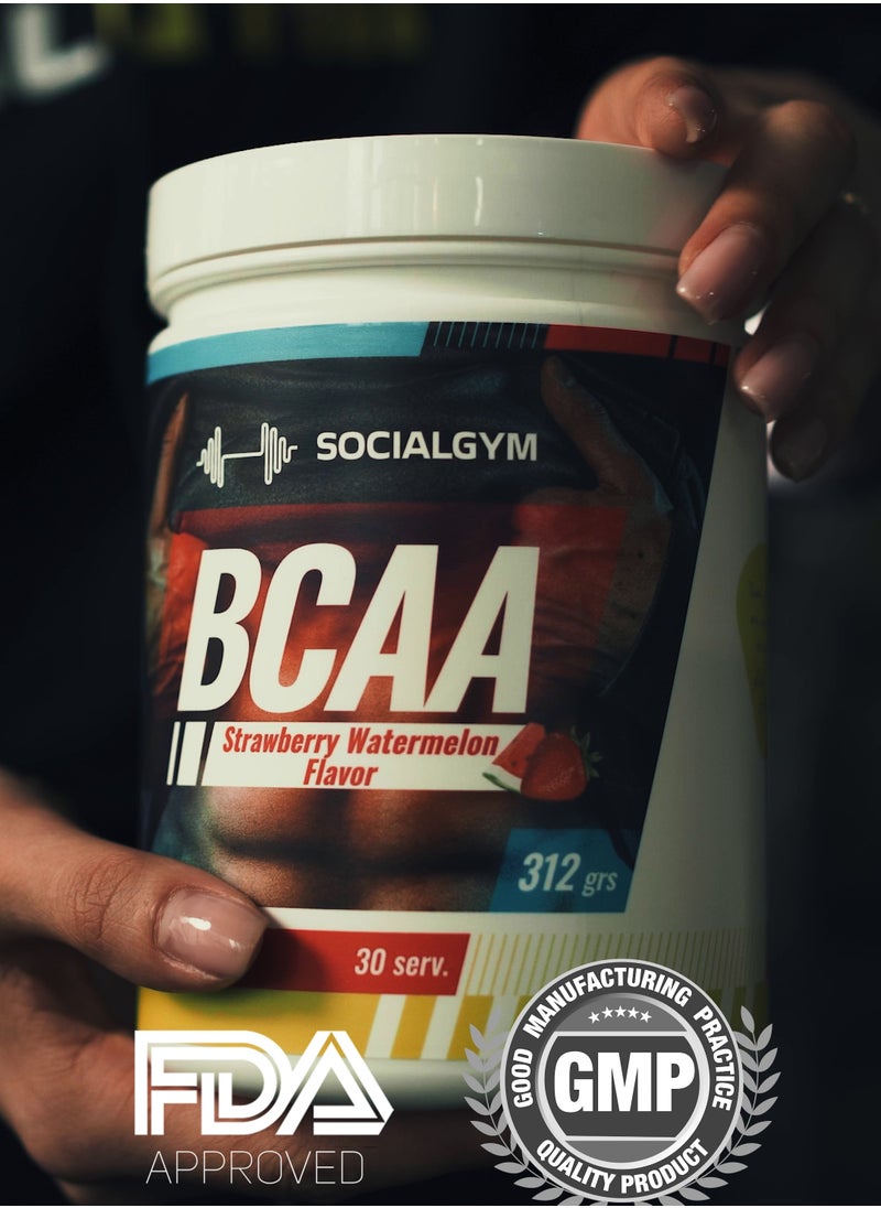 سوشيال جيم - BCAA لتعافي العضلات والطاقة بنكهة الفراولة والبطيخ - 30 حصة - 312 غرام - Image 1