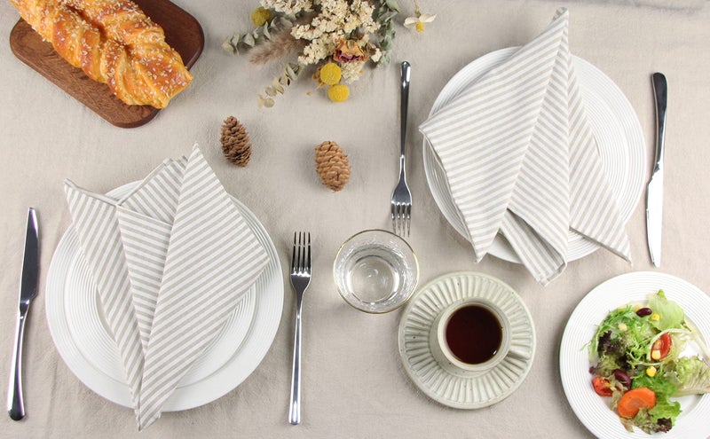 INFEI Plain Striped Cotton Linen Blended Dinner Cloth Napkins - Set of 12 (17 x 17 inches) - for Events & Home Use (Beige) - Image 4