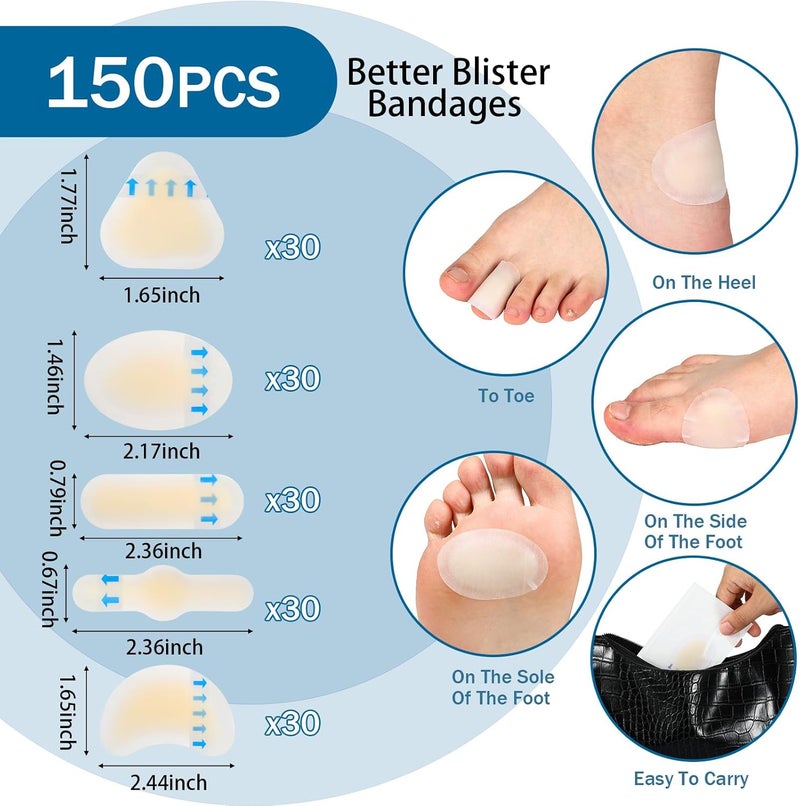 Tarpop 150 Pcs Blister Bandages for Feet Waterproof Hydrocolloid Gel Pads Hydrocolloid Bandages Adhesive Feet Cushions for Heel Toe Finger Protection Blister Prevention PatchesStylish - Image 2