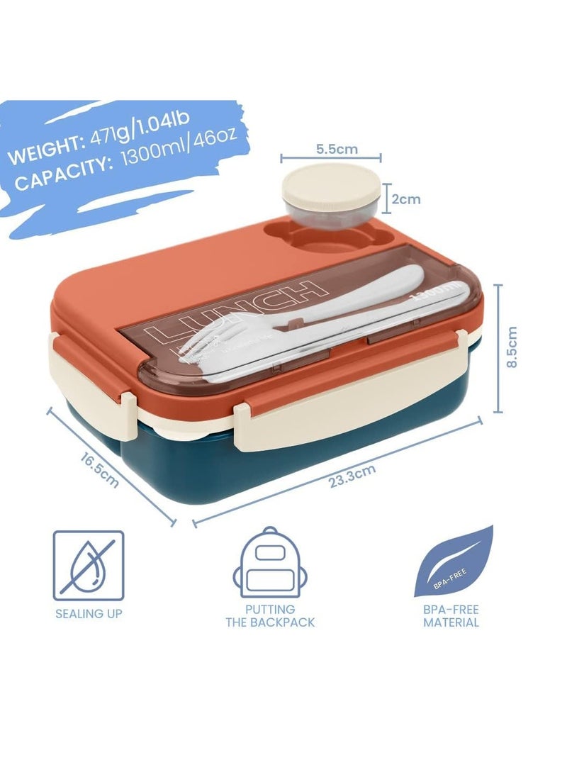 Bento Box, Lunch Box Containers for Toddler/Kids/Adults, 1300ml-4 Compartments&Fork, Leak-Proof, Microwave/Dishwasher/Freezer Safe, Bpa-Free