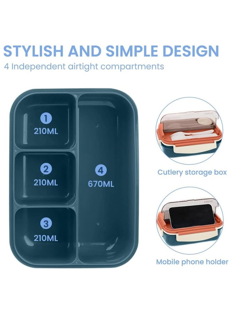 Bento Box, Lunch Box Containers for Toddler/Kids/Adults, 1300ml-4 Compartments&Fork, Leak-Proof, Microwave/Dishwasher/Freezer Safe, Bpa-Free