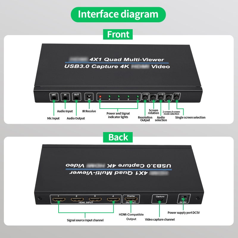 4x1 HDMI 4K@30Hz Screen Splitter Quad Multi-viewer Screen Divider 4-in-1-out with Seamless Switching Powerful USB3.0 Video Capture All-in-One - Image 4