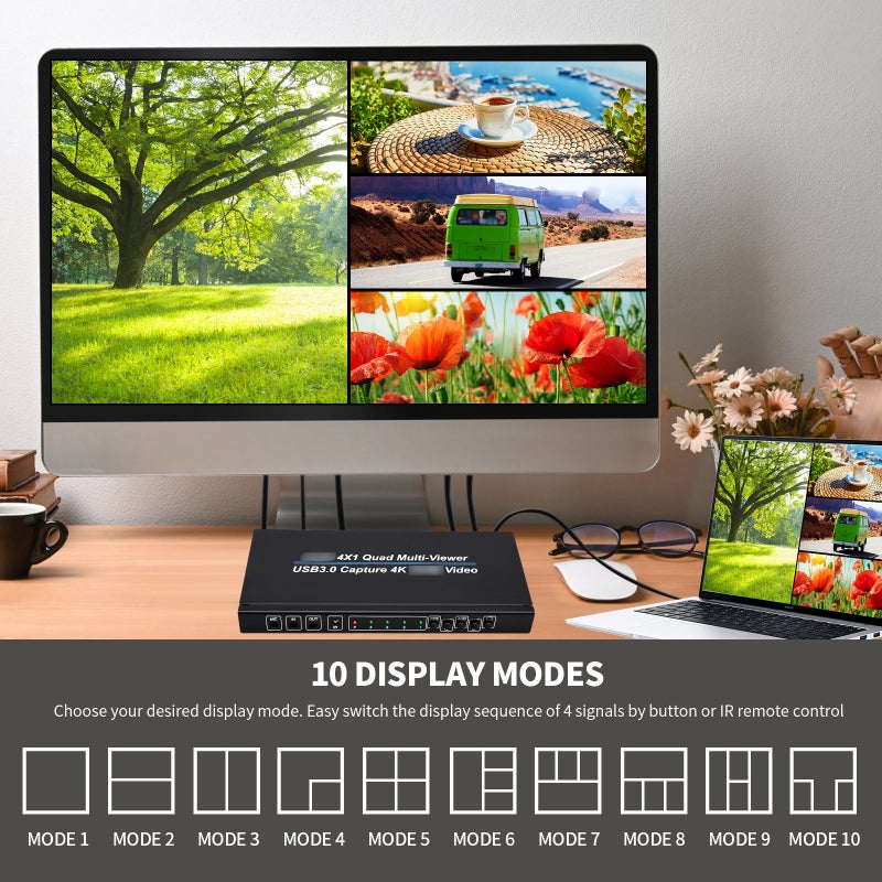 4x1 HDMI 4K@30Hz Screen Splitter Quad Multi-viewer Screen Divider 4-in-1-out with Seamless Switching Powerful USB3.0 Video Capture All-in-One - Image 3