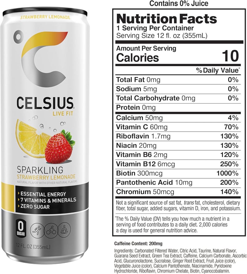 CELSIUS مشروب الطاقة الفوار بنكهة الفراولة والليمون - 12 عبوة - Image 2