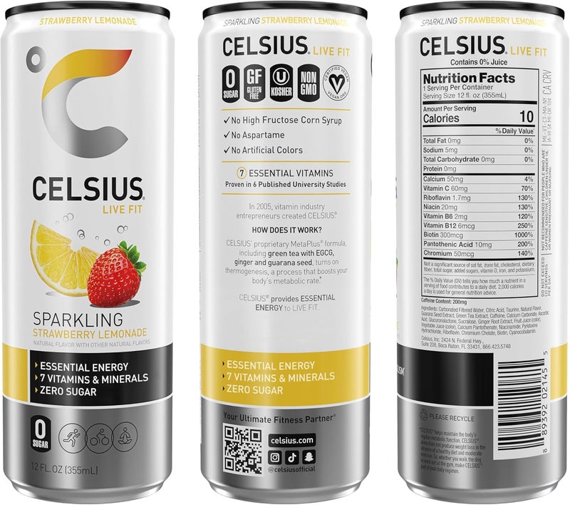 CELSIUS مشروب الطاقة الفوار بنكهة الفراولة والليمون - 12 عبوة - Image 3