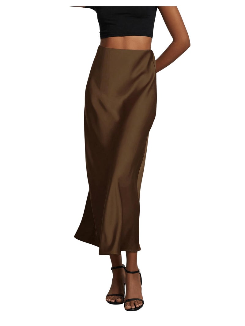SHENHE Women's Satin Maxi Skirts High Waisted A Line Long Skirts Elegant Office Skirts Coffee Brown Small - Image 1