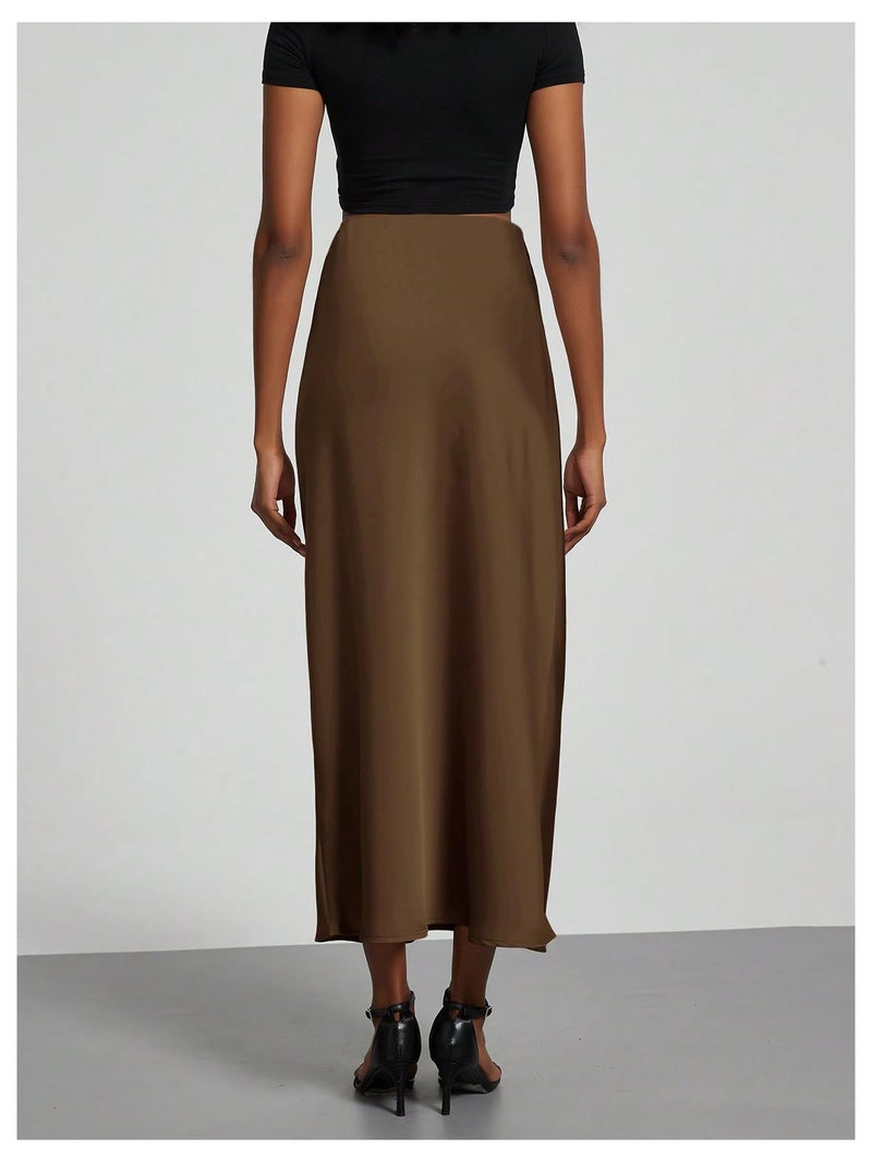 SHENHE Women's Satin Maxi Skirts High Waisted A Line Long Skirts Elegant Office Skirts Coffee Brown Small - Image 3